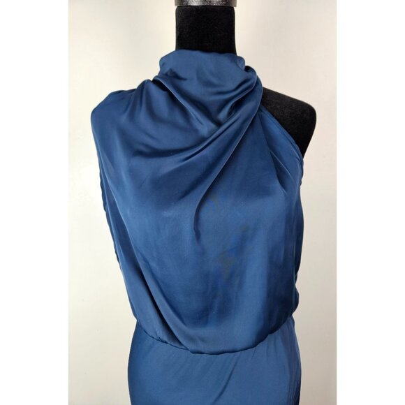 Elegant Womens Navy Satin Halter Neck Midi Dress Keyhole Pearl Size S Wedding - Picture 6 of 12